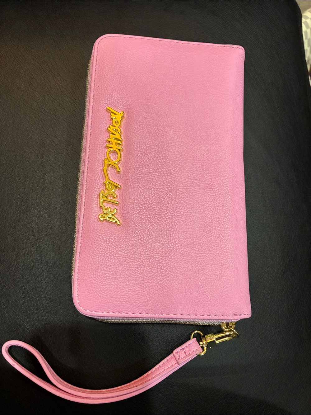 Pink Zip-Around Wristlet Clutch with Gold Accent